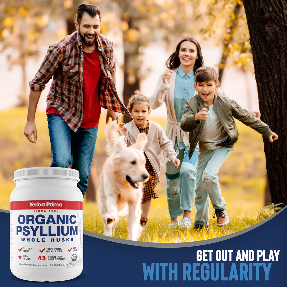 Yerba Prima Organic Psyllium Husks package label highlights organic certifications.