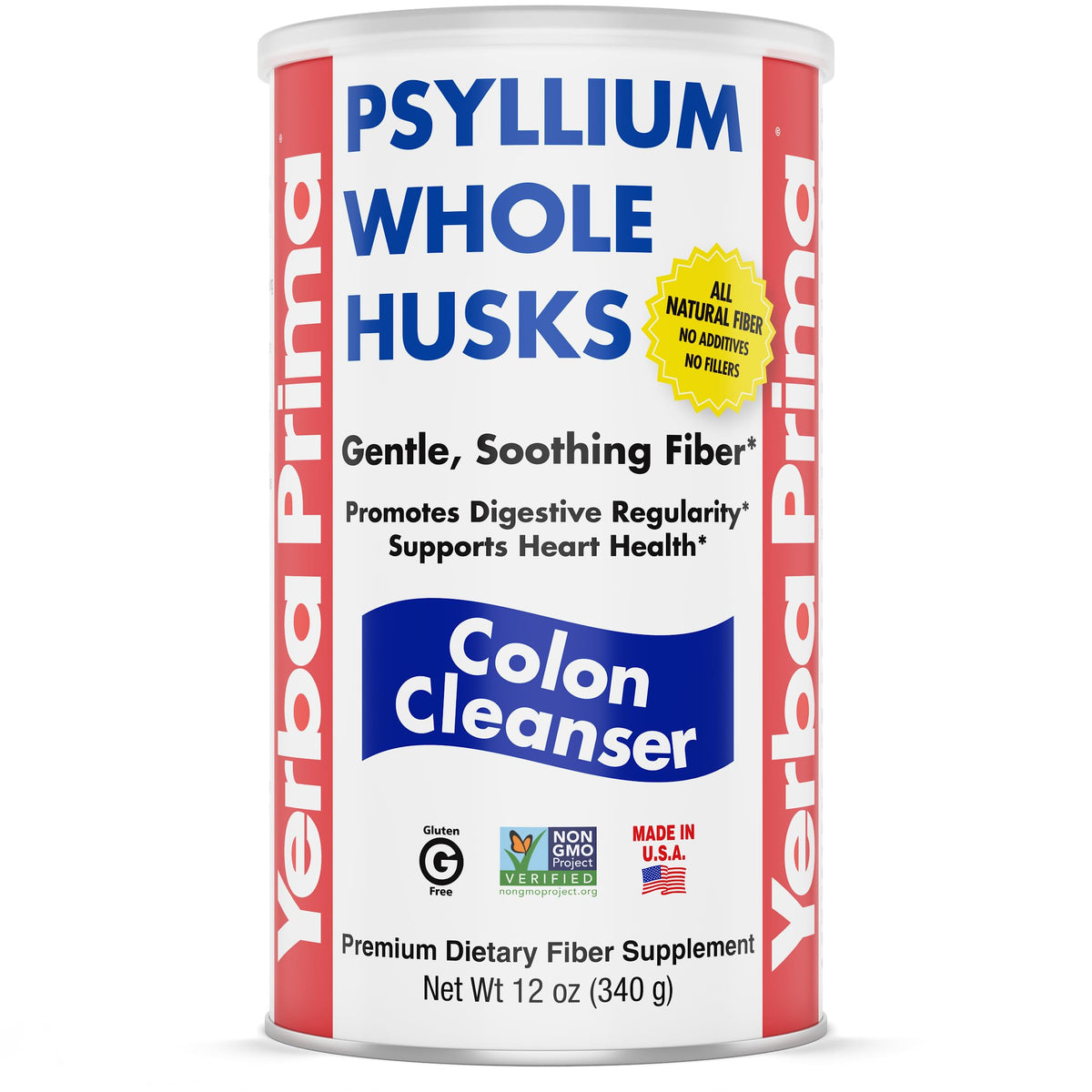 Yerba Prima Psyllium Husk en botella 12 oz muestra producto vegano sin gluten