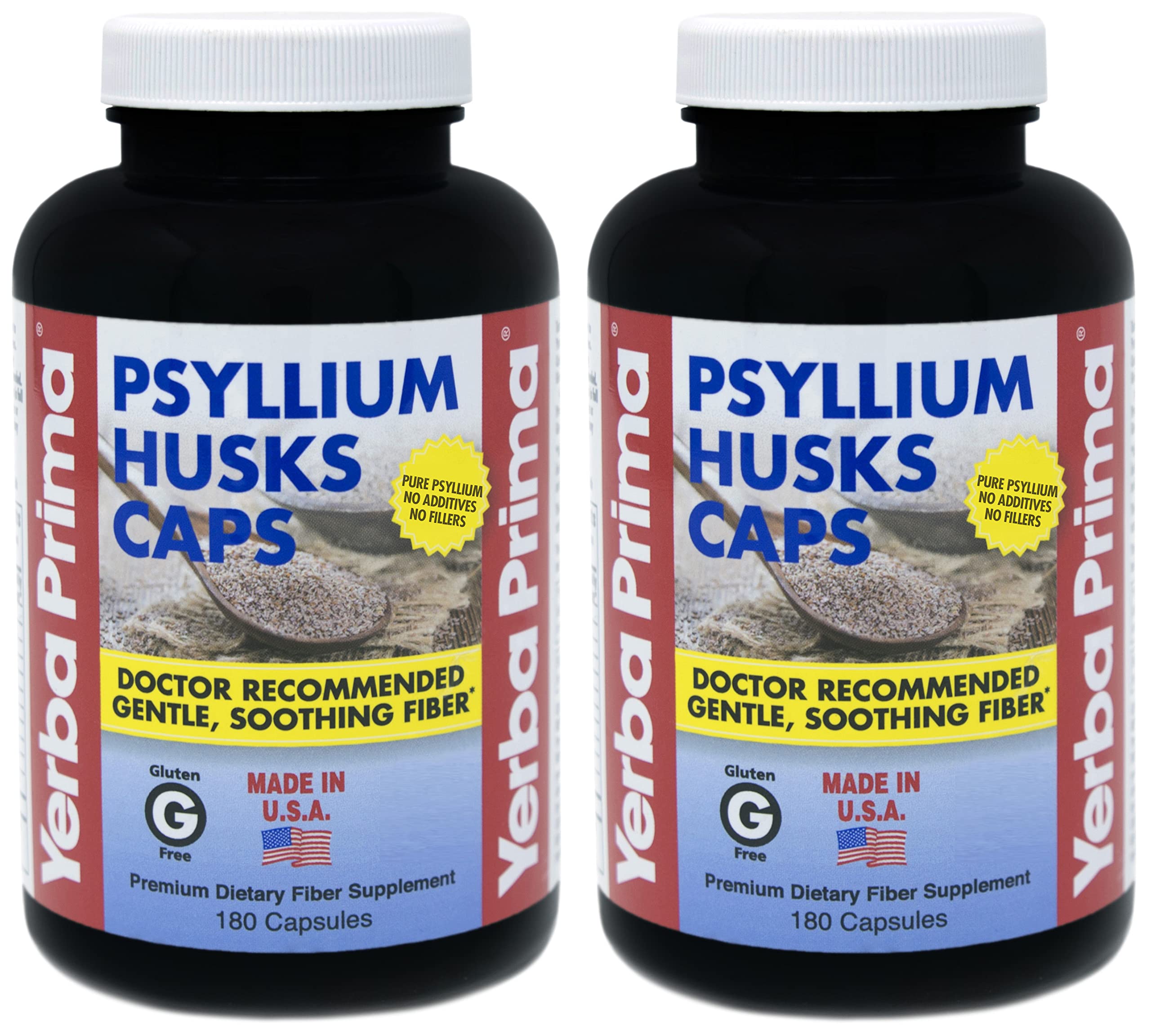 Yerba Prima Psyllium Husk Caps bottle front, easy-to-swallow fiber for daily gut support.
