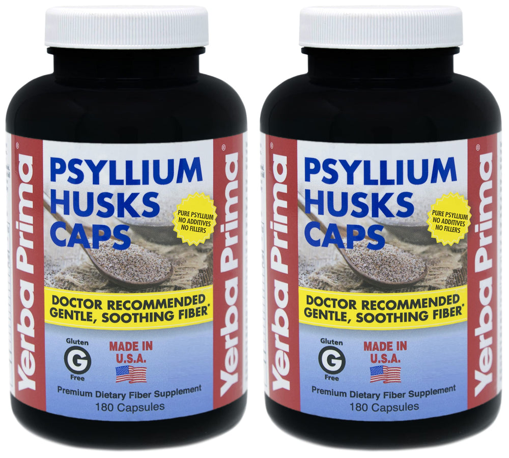 Yerba Prima Psyllium Husk Caps bottle front, easy-to-swallow fiber for daily gut support.