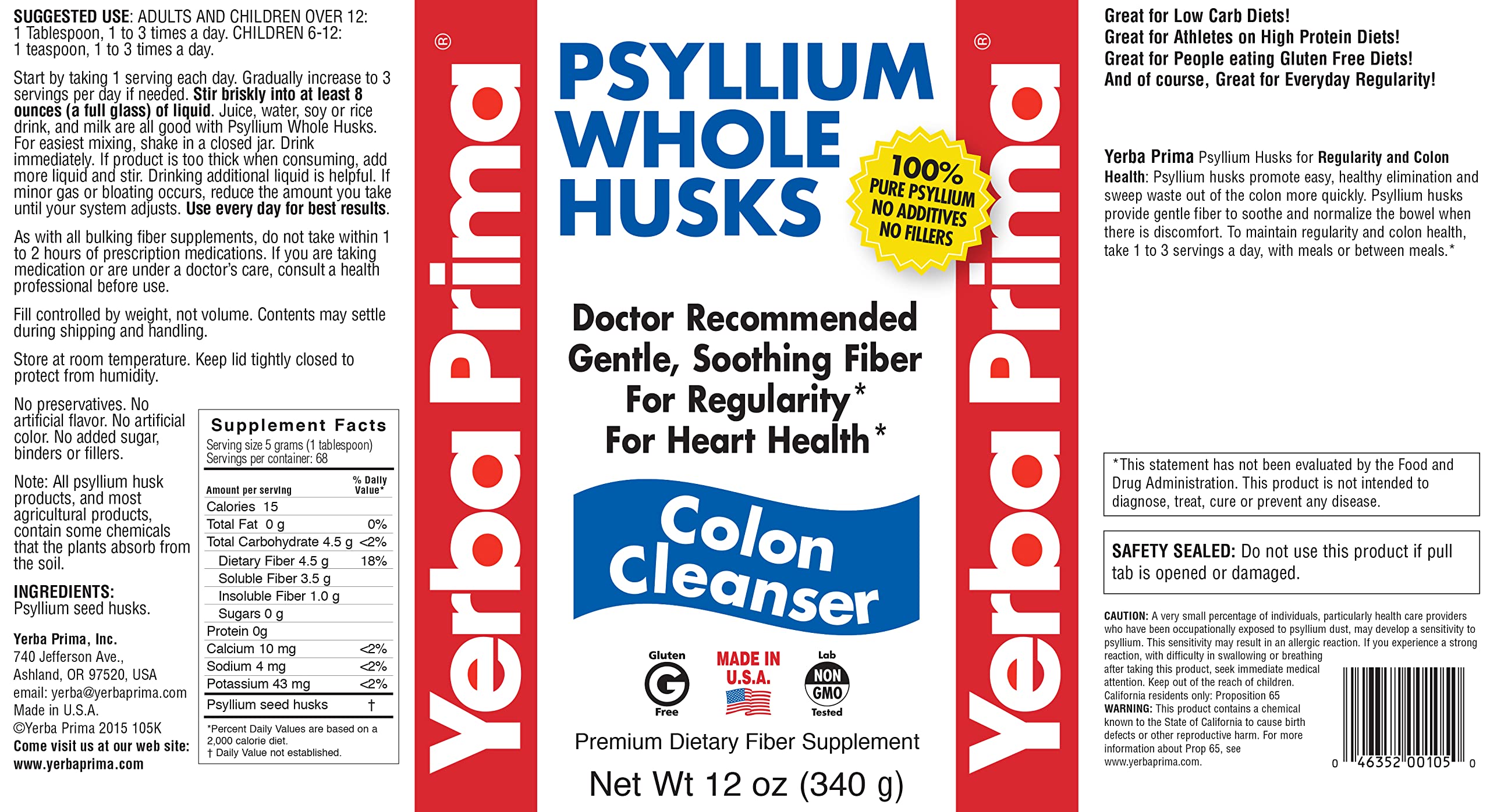 Envase transparente de Yerba Prima Psyllium Husk sin azúcar añadida