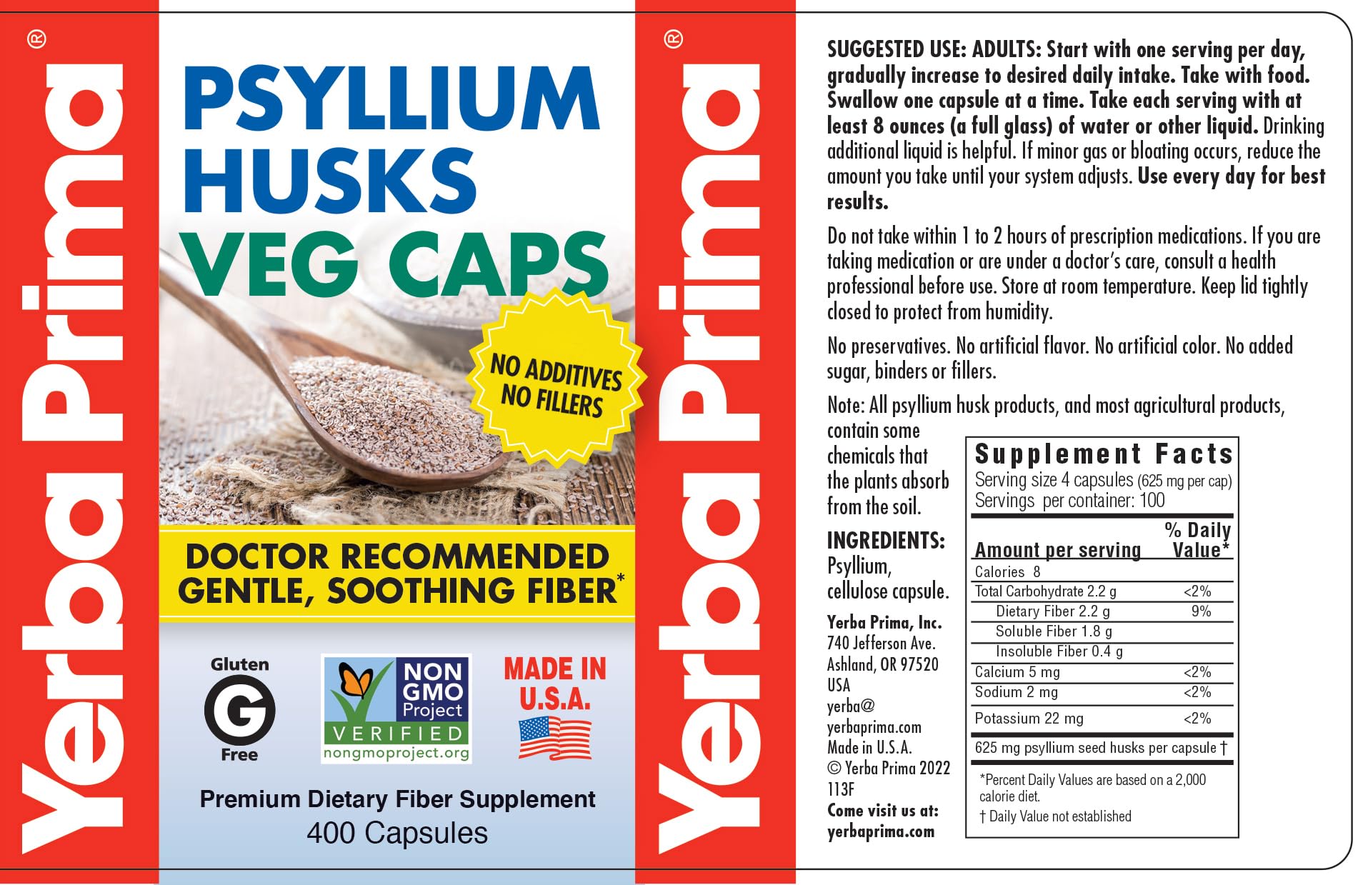 Nutrition label shows 625 mg psyllium per capsule