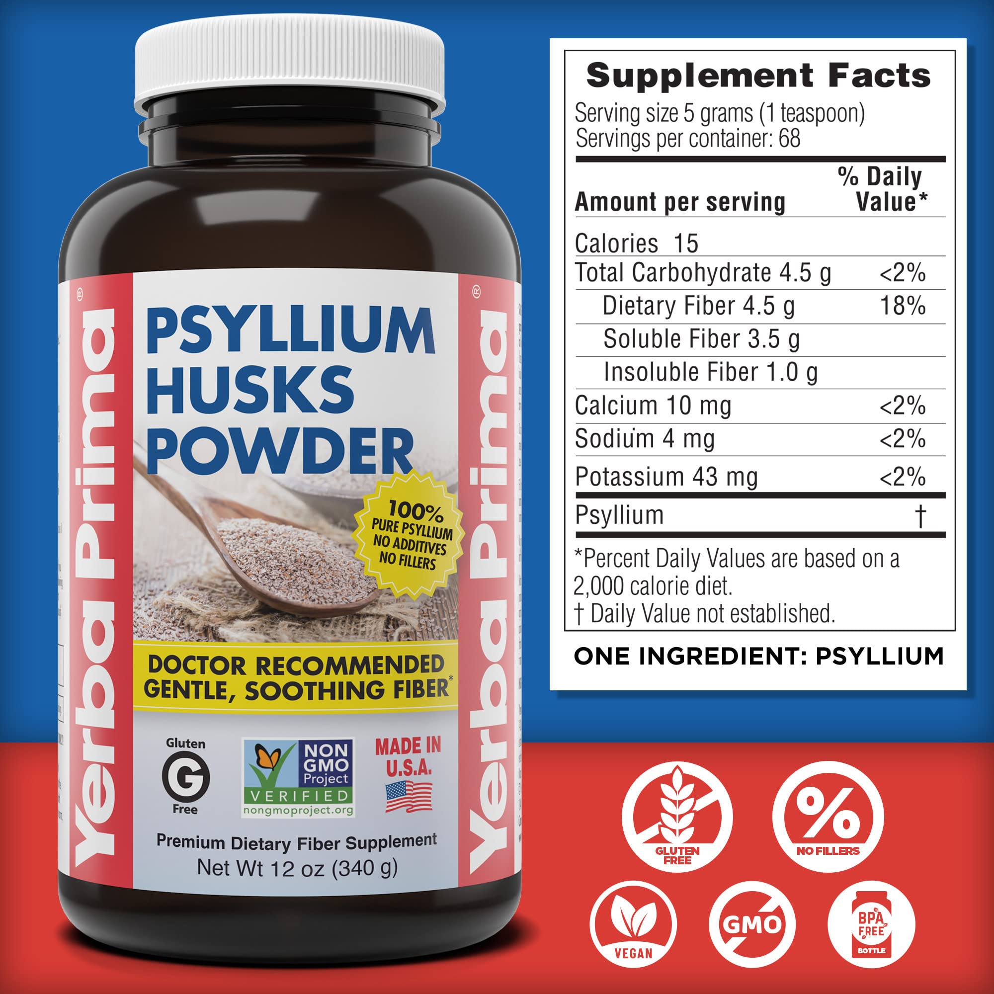 Yerba Prima Psyllium Husk Powder stirred into smoothie for convenient fiber.