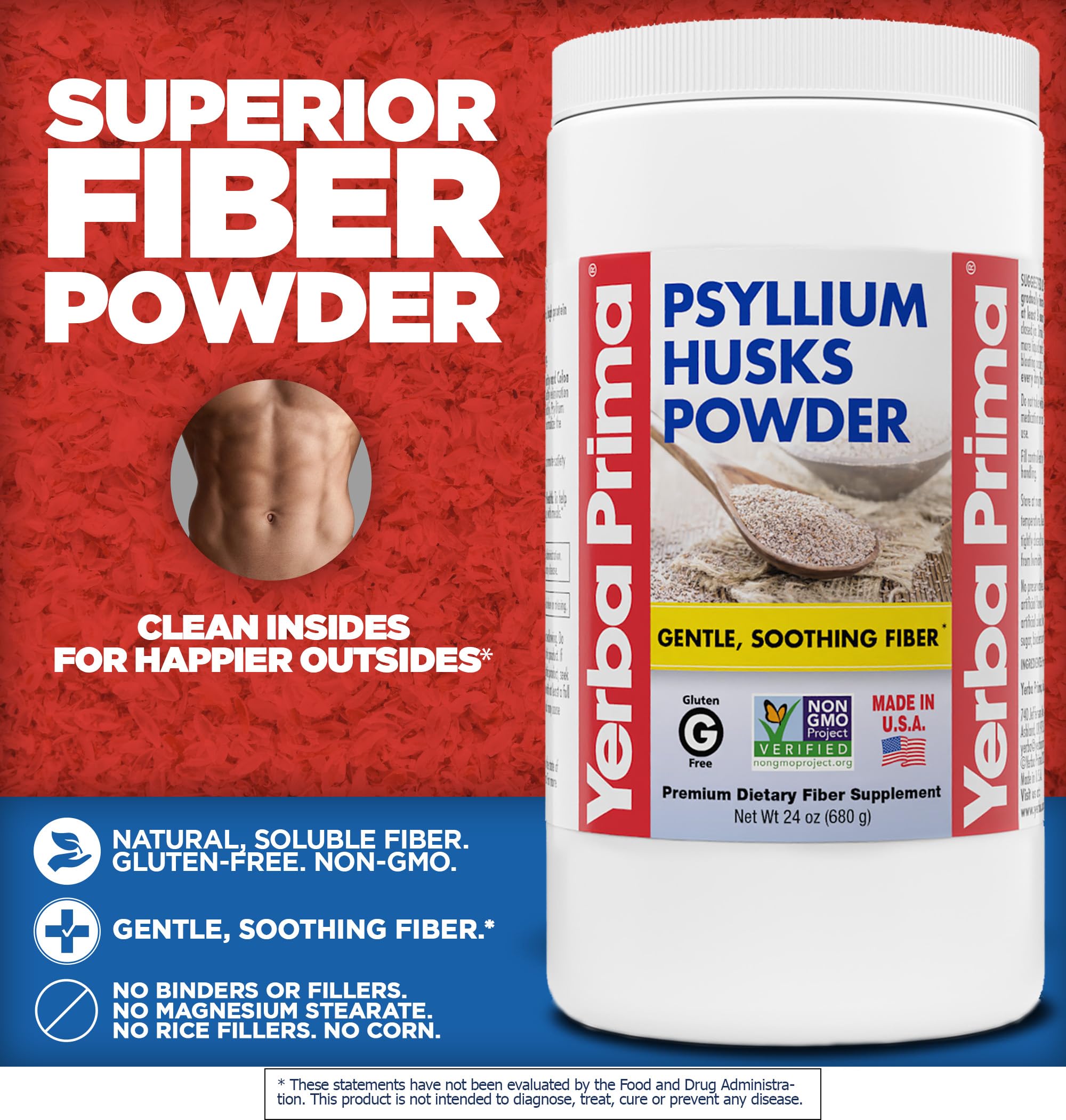 Yerba Prima psyllium husk powder scoop measures servings for smoothies.
