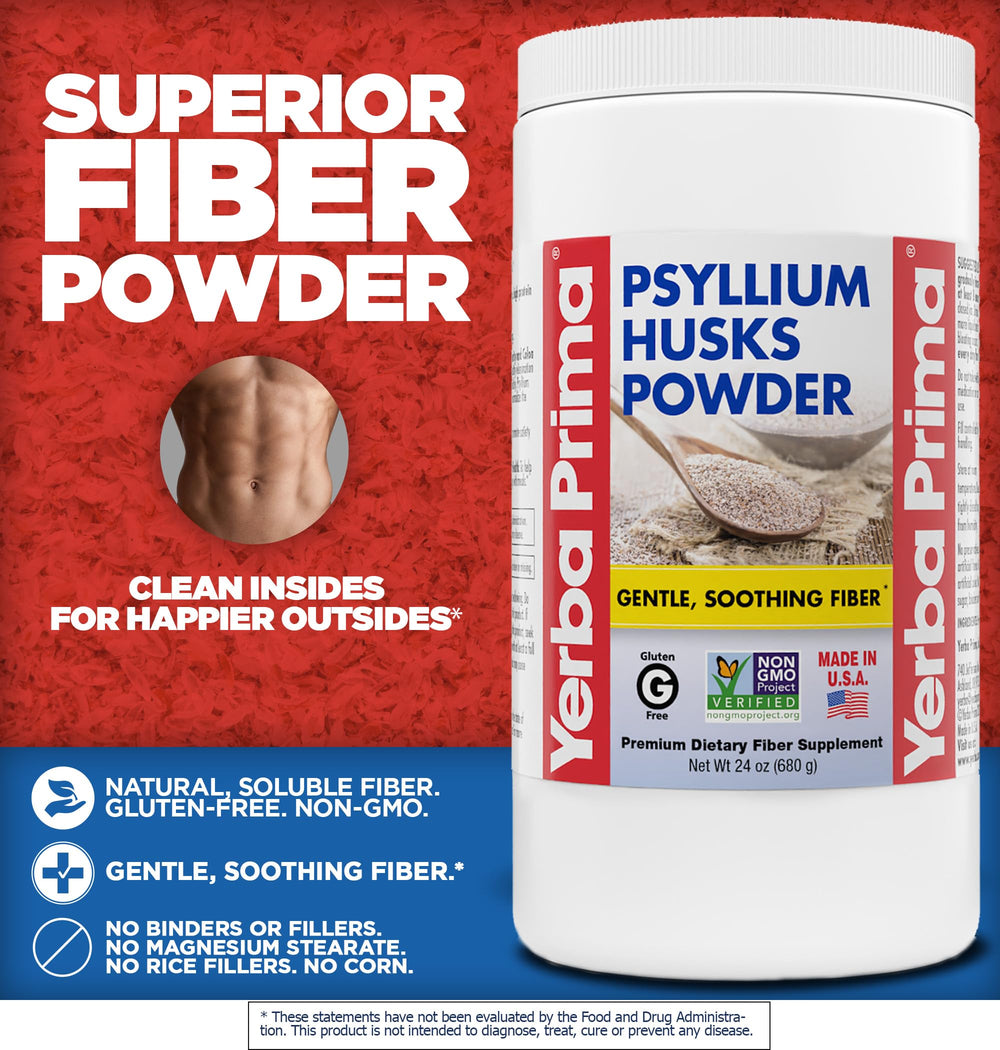 Yerba Prima psyllium husk powder scoop measures servings for smoothies.