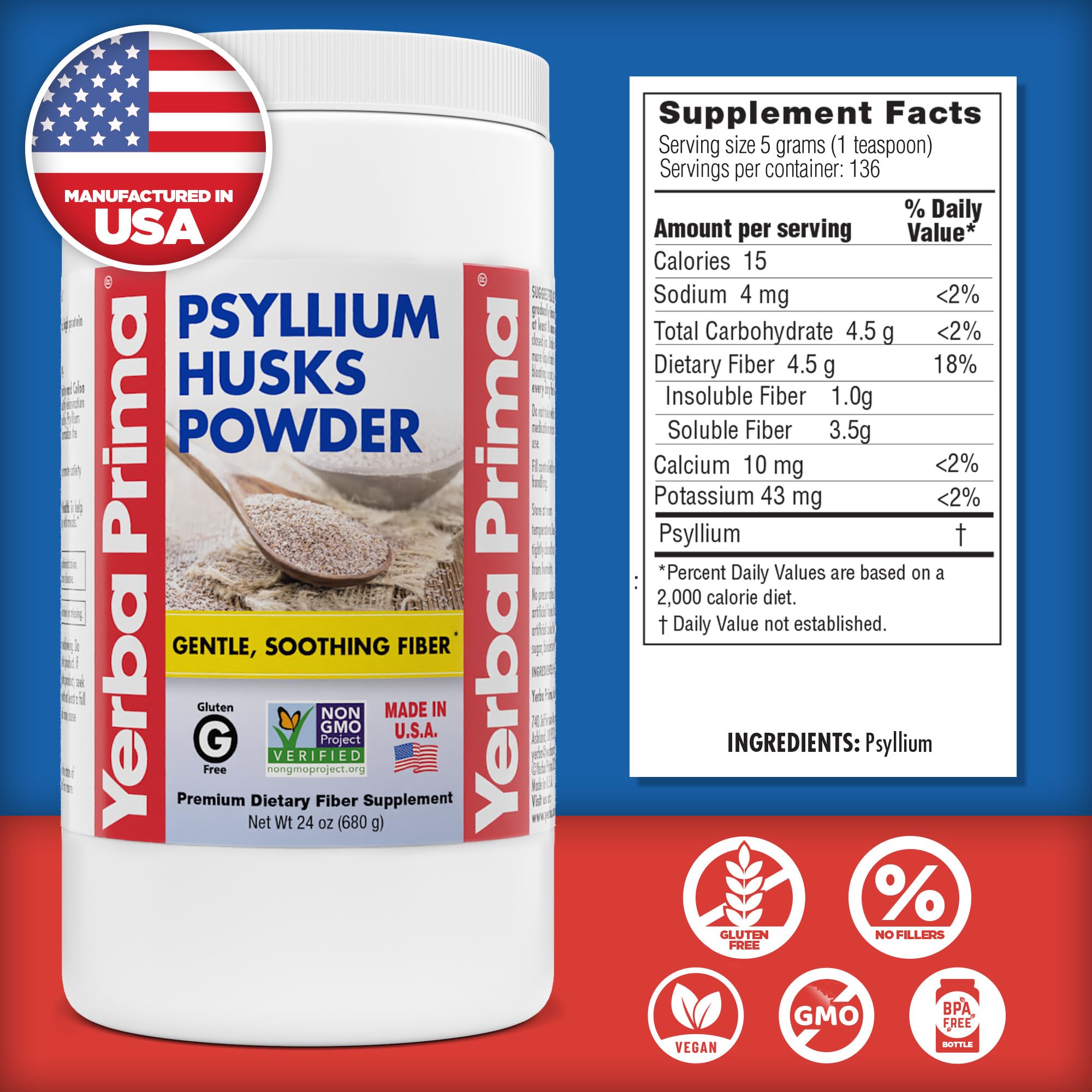 Yerba Prima psyllium husk powder used in smoothie preparation.