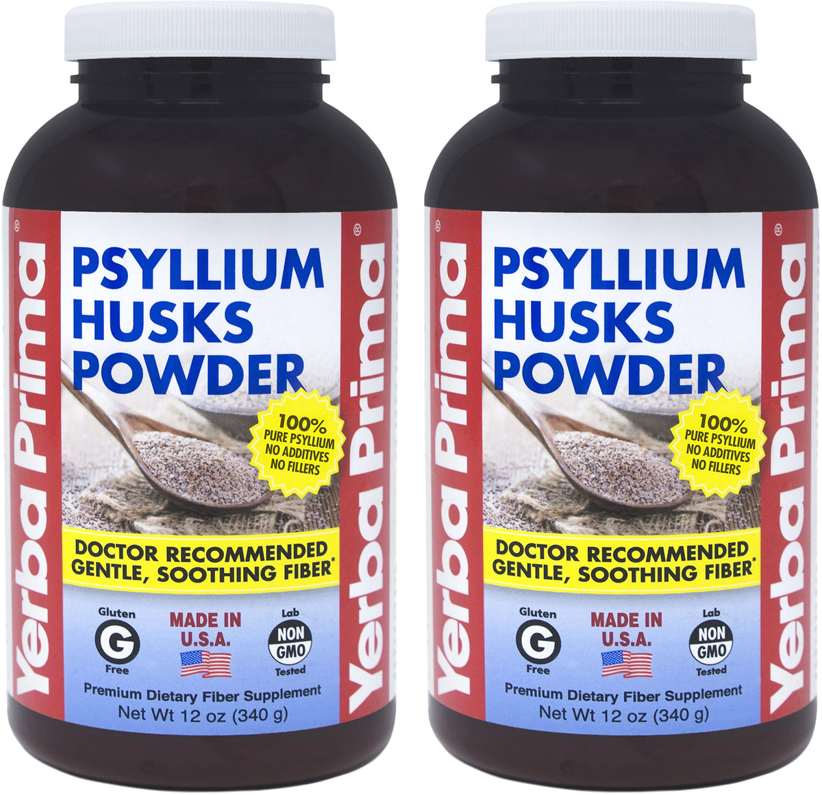 Yerba Prima Psyllium Husk Powder two bottles front view for daily fiber routine.