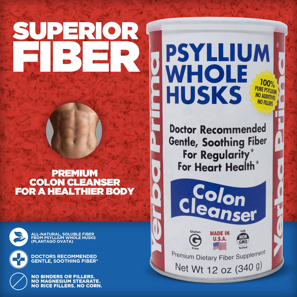 Yerba Prima Psyllium Husk with glass of water demonstrates hydration-friendly use