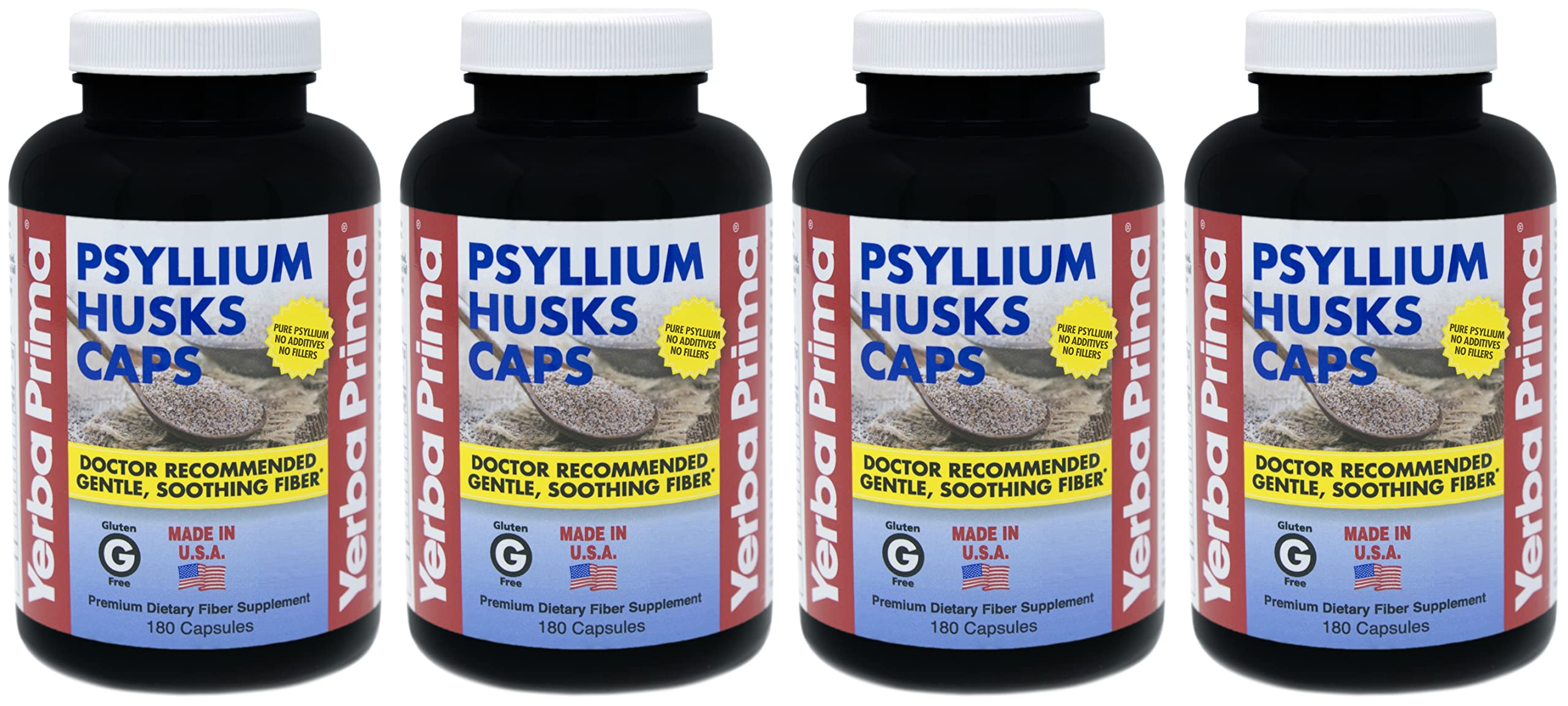 Yerba Prima Psyllium Husks Caps bottle front communicates natural fiber support for daily routines.