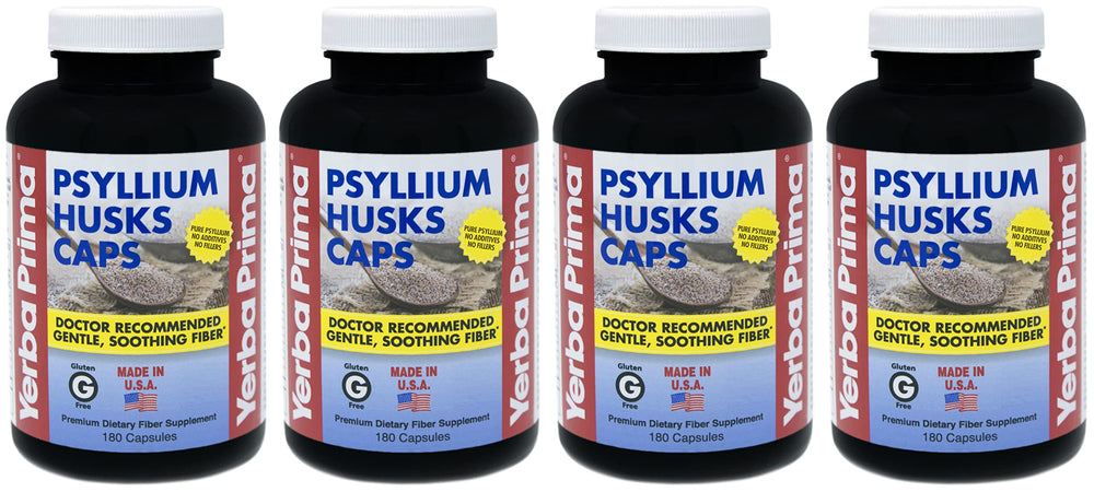 Yerba Prima Psyllium Husks Caps bottle front communicates natural fiber support for daily routines.