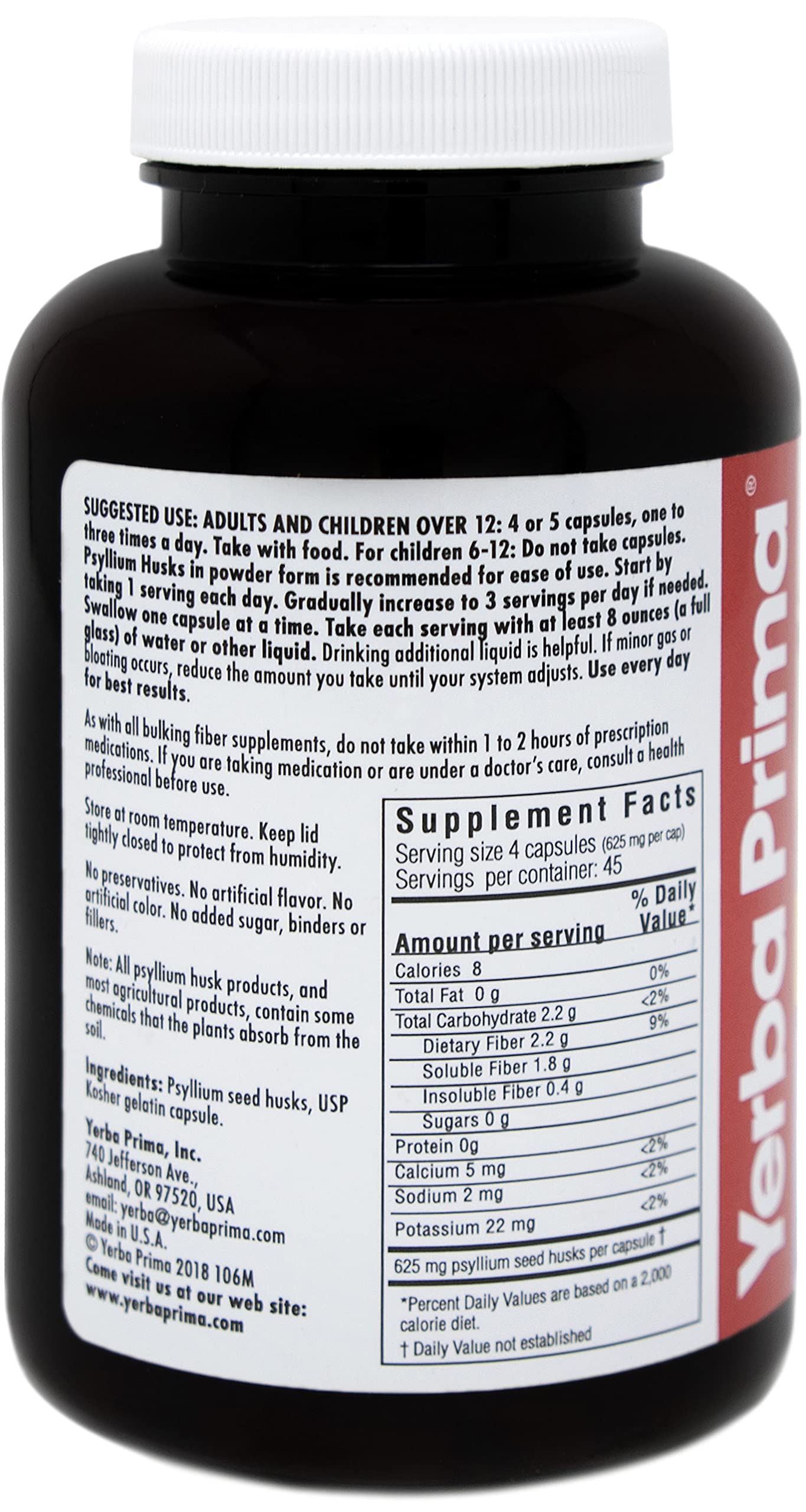 Yerba Prima Psyllium Husks Caps ingredients-dietary-fiber emphasize natural soluble fiber for digestion.