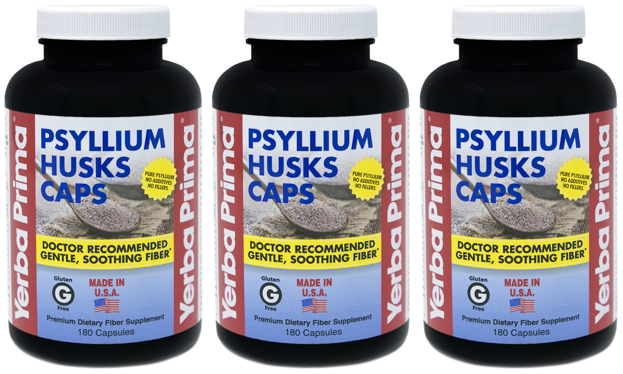 Yerba Prima psyllium husks caps pack of three bottles; supports daily fiber intake.
