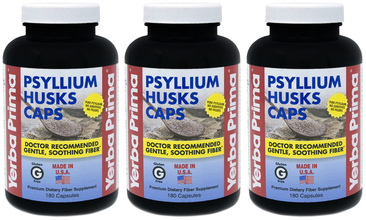 Yerba Prima psyllium husks caps pack of three bottles; supports daily fiber intake.