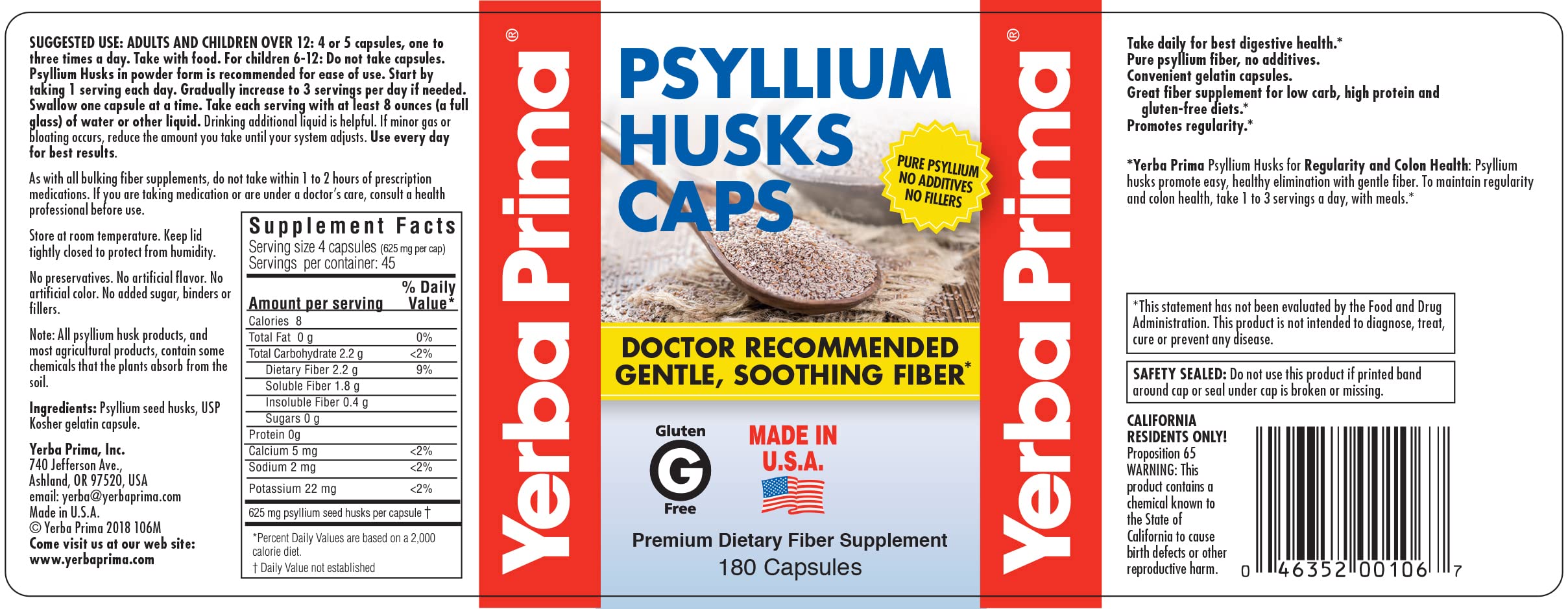 Yerba Prima Psyllium Husks Caps packaging box highlights a 4-bottle pack for easy stocking.