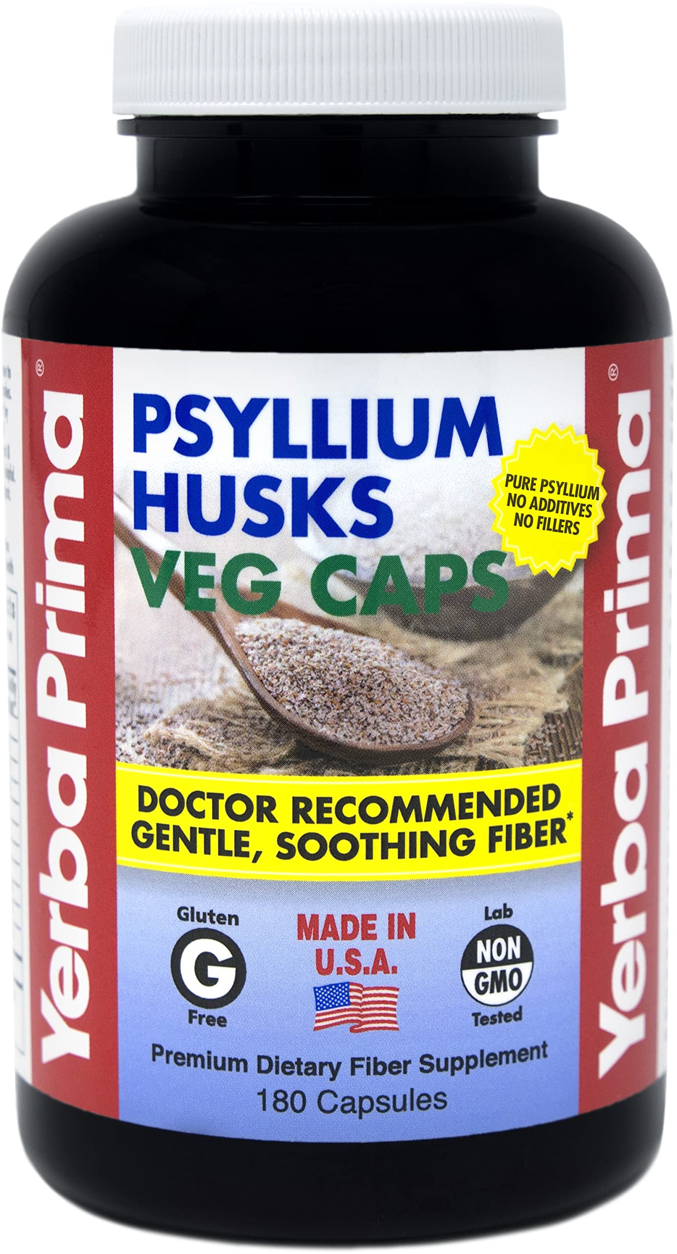 Yerba Prima Psyllium husks capsules bottle promotes daily fiber support for regularity.