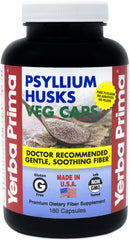 Yerba Prima Psyllium husks capsules bottle promotes daily fiber support for regularity.