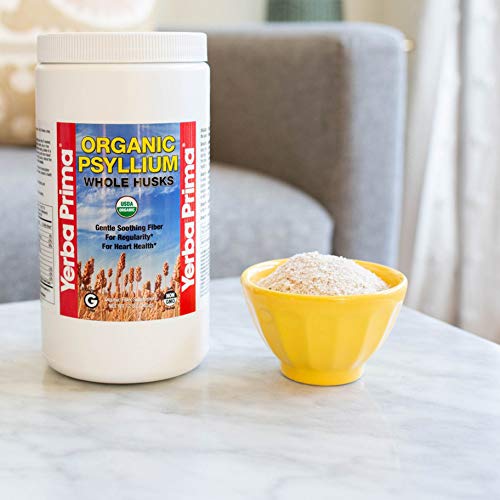 Yerba Prima psyllium husks gluten-free mark on label.