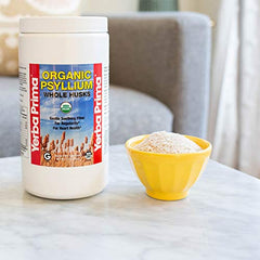Yerba Prima psyllium husks gluten-free mark on label.
