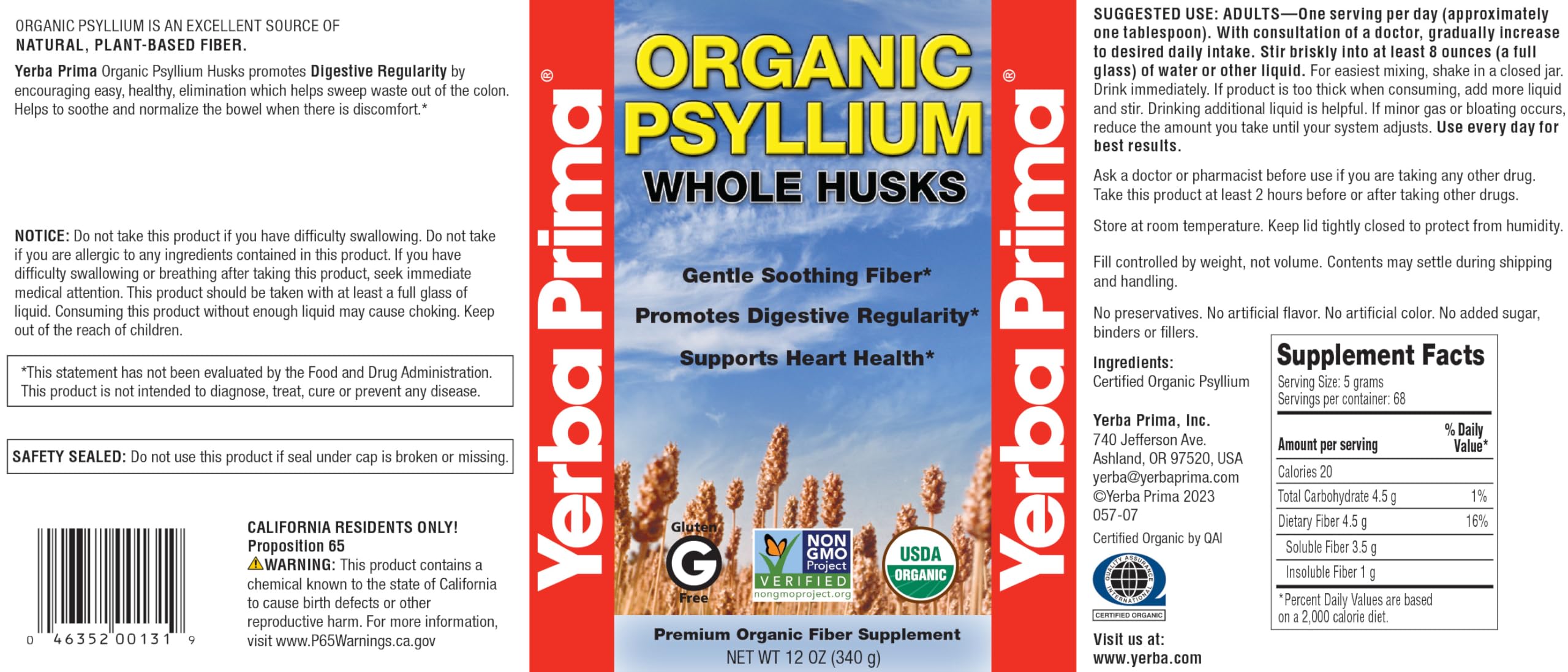 Yerba Prima psyllium husks non-GMO seal on container.
