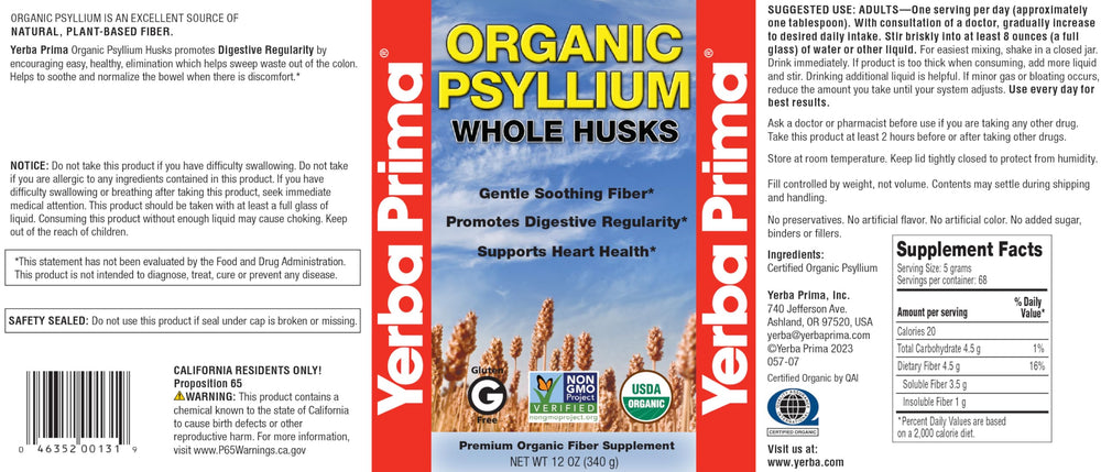 Yerba Prima psyllium husks non-GMO seal on container.
