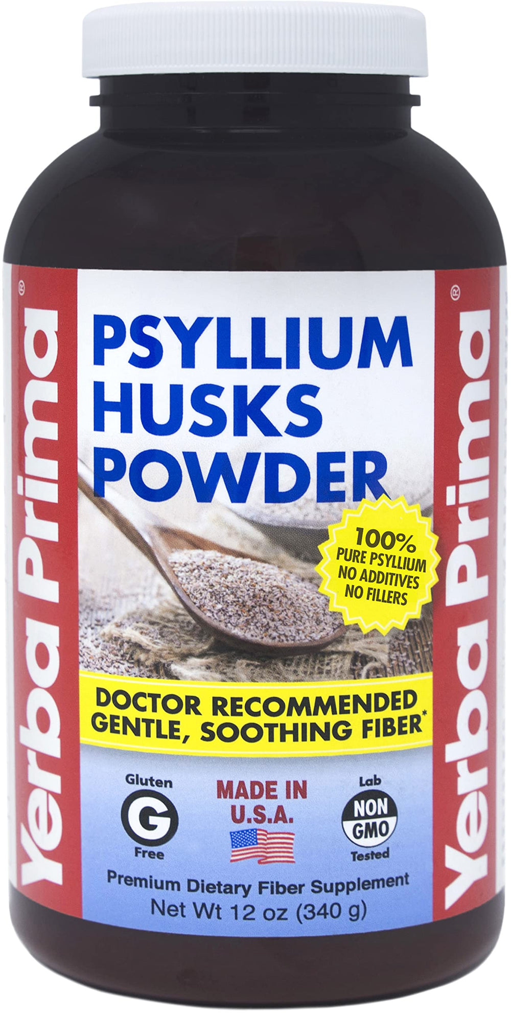 Yerba Prima Psyllium Husks Powder bottle front shows natural fiber for daily digestion