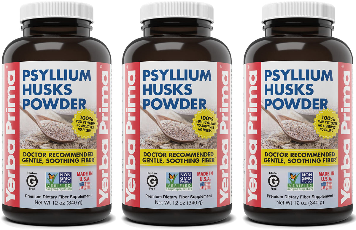Yerba Prima psyllium husks powder bottle front shows vegan, gluten-free fiber option.