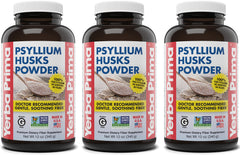 Yerba Prima psyllium husks powder bottle front shows vegan, gluten-free fiber option.