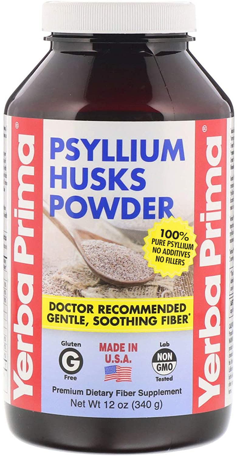 Yerba Prima Psyllium husks powder bottle—natural fiber for regularity and gentle cleansing.