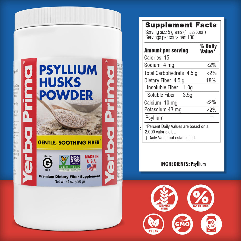 Glass of mixed Yerba Prima psyllium drink for gentle fiber intake.