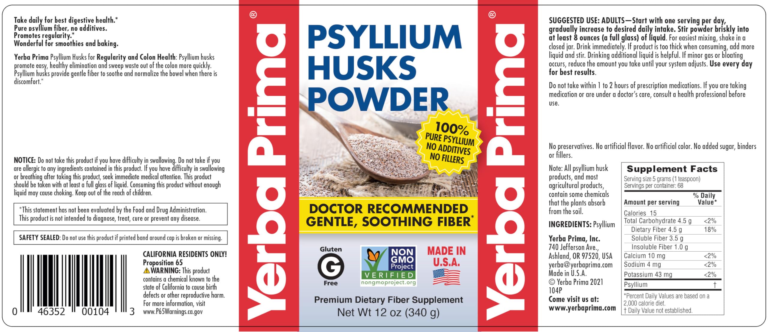 Yerba Prima Psyllium Husks Powder label detail highlights vegan, non-GMO, gluten-free formula