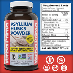 Label detail of Yerba Prima psyllium husks powder highlighting vegan and gluten-free