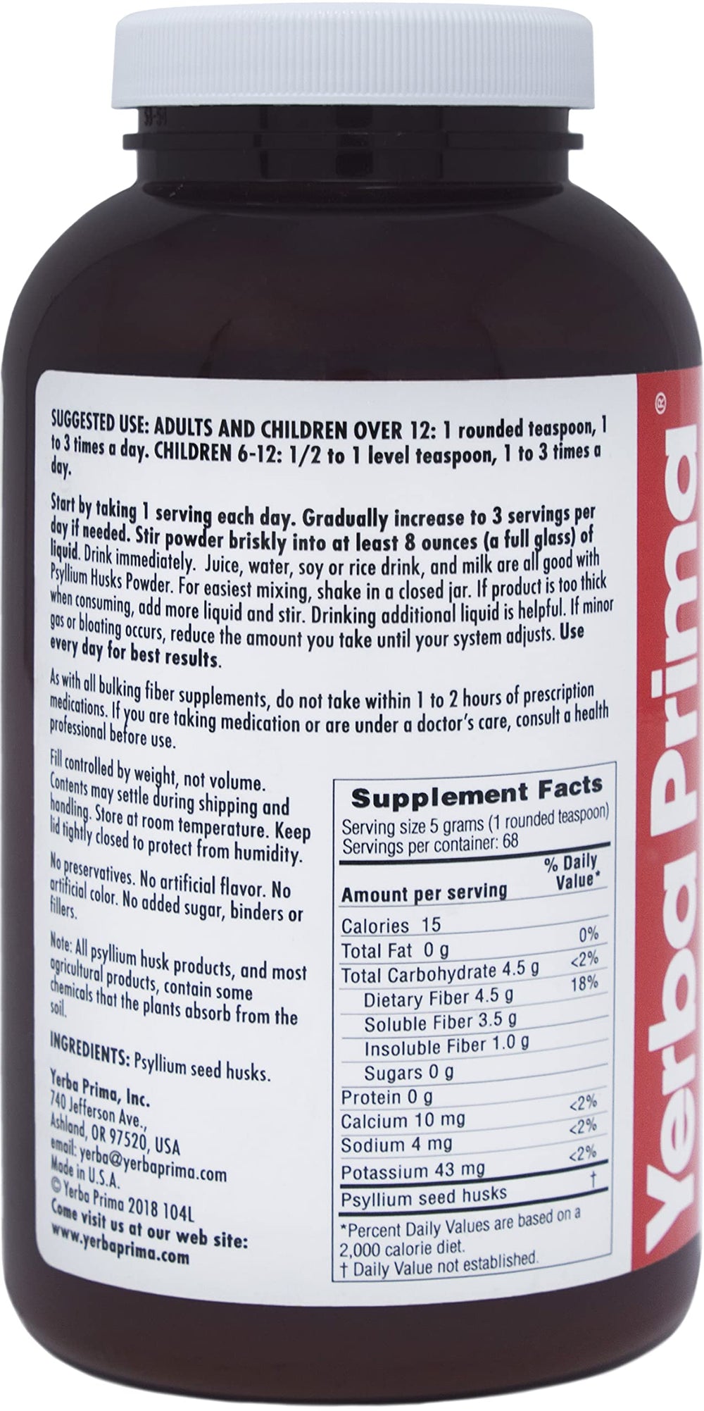 Yerba Prima Psyllium Husks Powder measuring cup demonstrates serving size