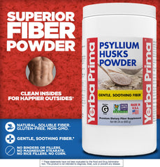 Yerba Prima psyllium husks powder scoop with measured dose for easy use.