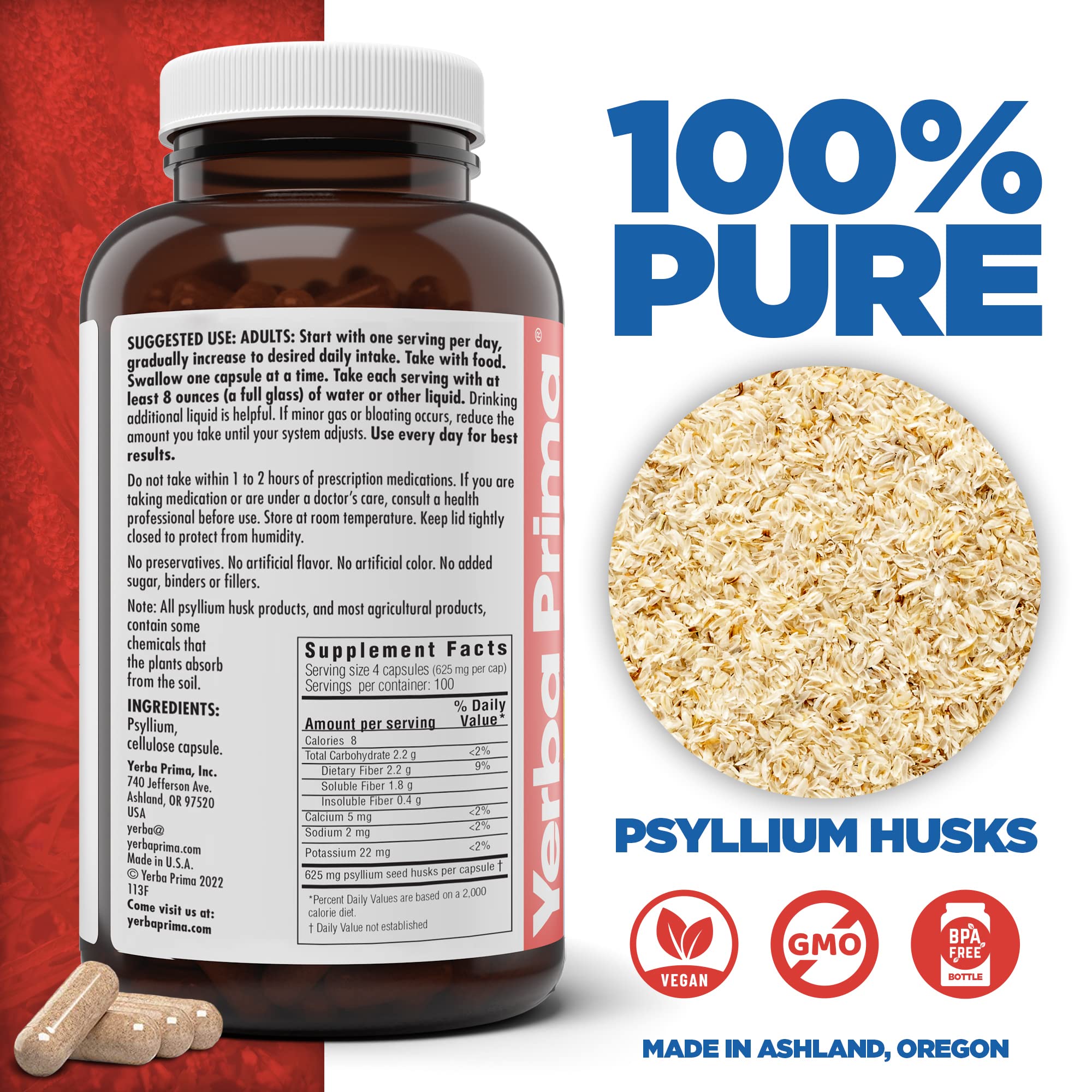 Close-up of Yerba Prima Psyllium capsules showing 625 mg per cap.