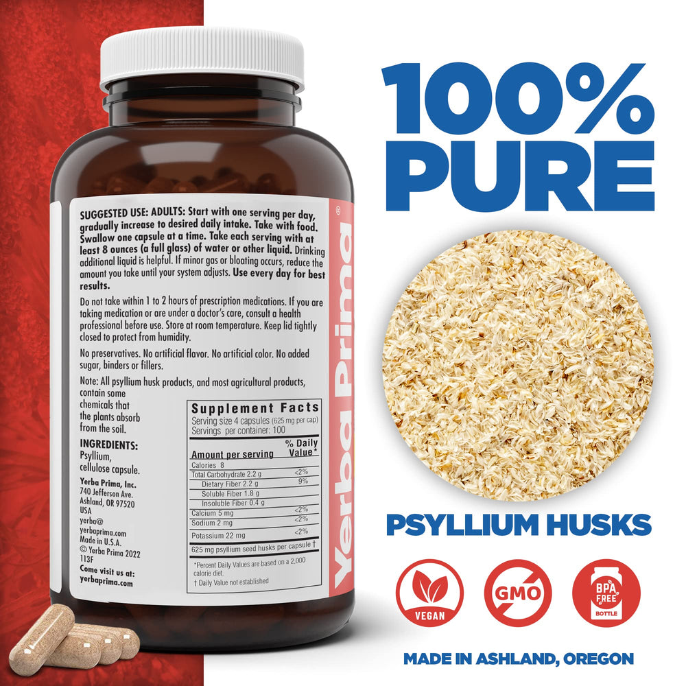 Close-up of Yerba Prima Psyllium capsules showing 625 mg per cap.