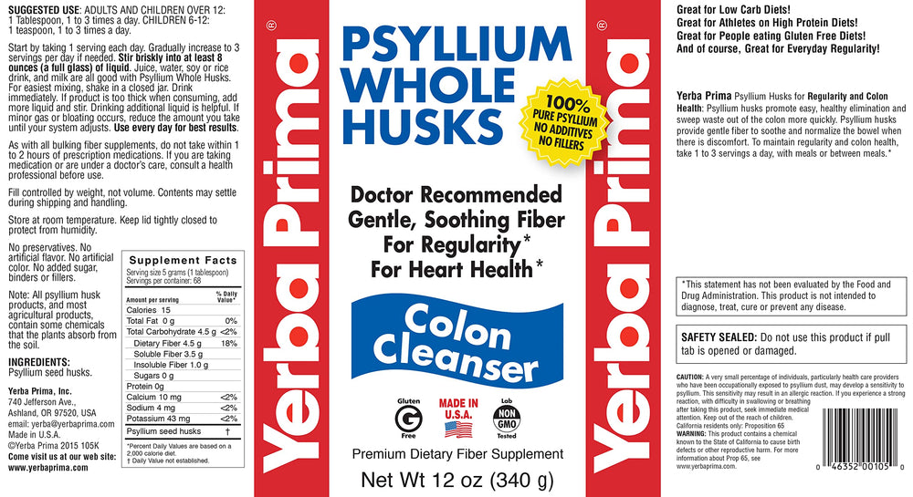 Yerba Prima psyllium whole husks box non-GMO ingredients