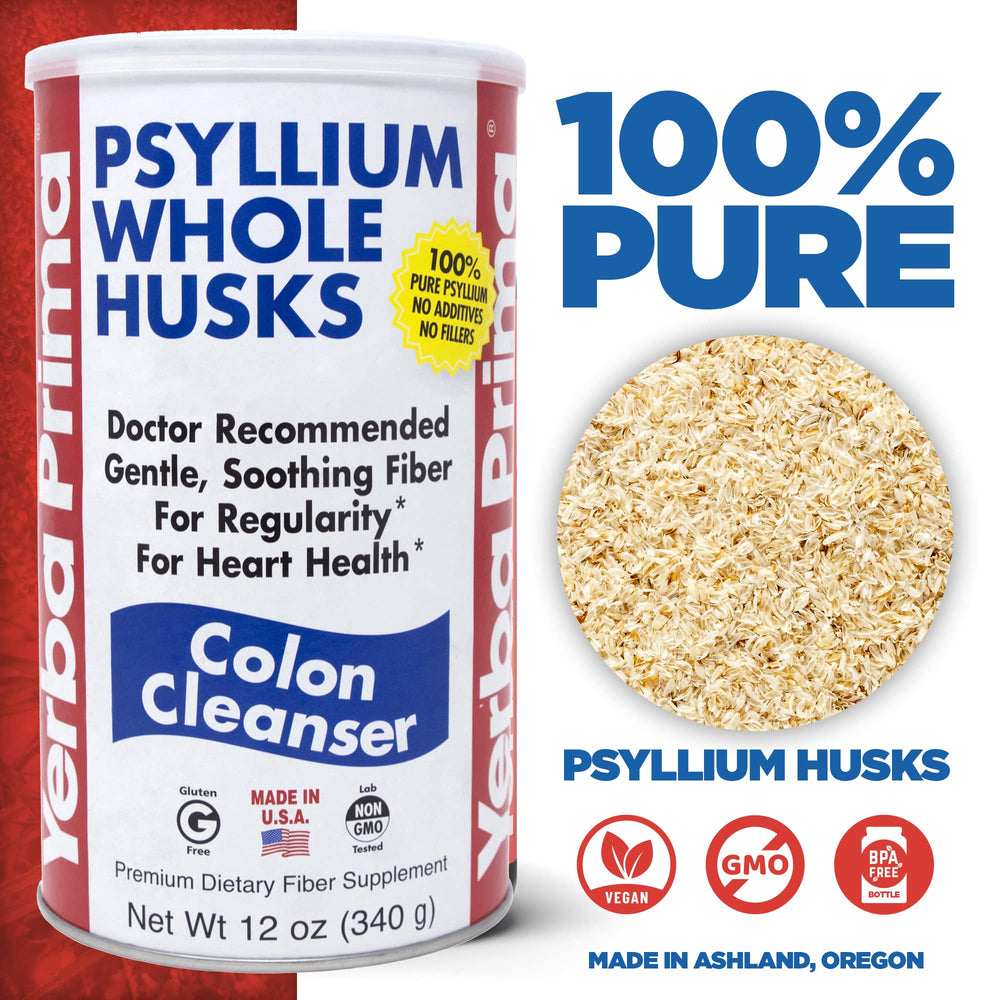 Yerba Prima Psyllium Whole Husks packaging label highlights non-GMO and gluten-free nutrition