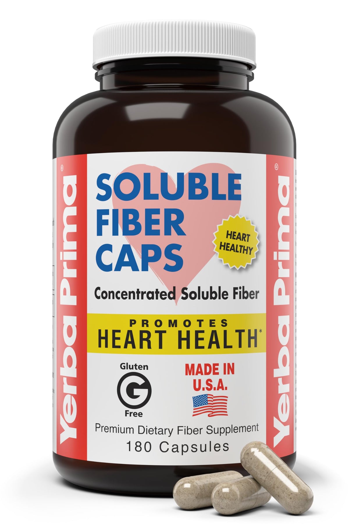 Yerba Prima soluble fiber capsules bottle front highlights psyllium-based formula for daily regularity support.