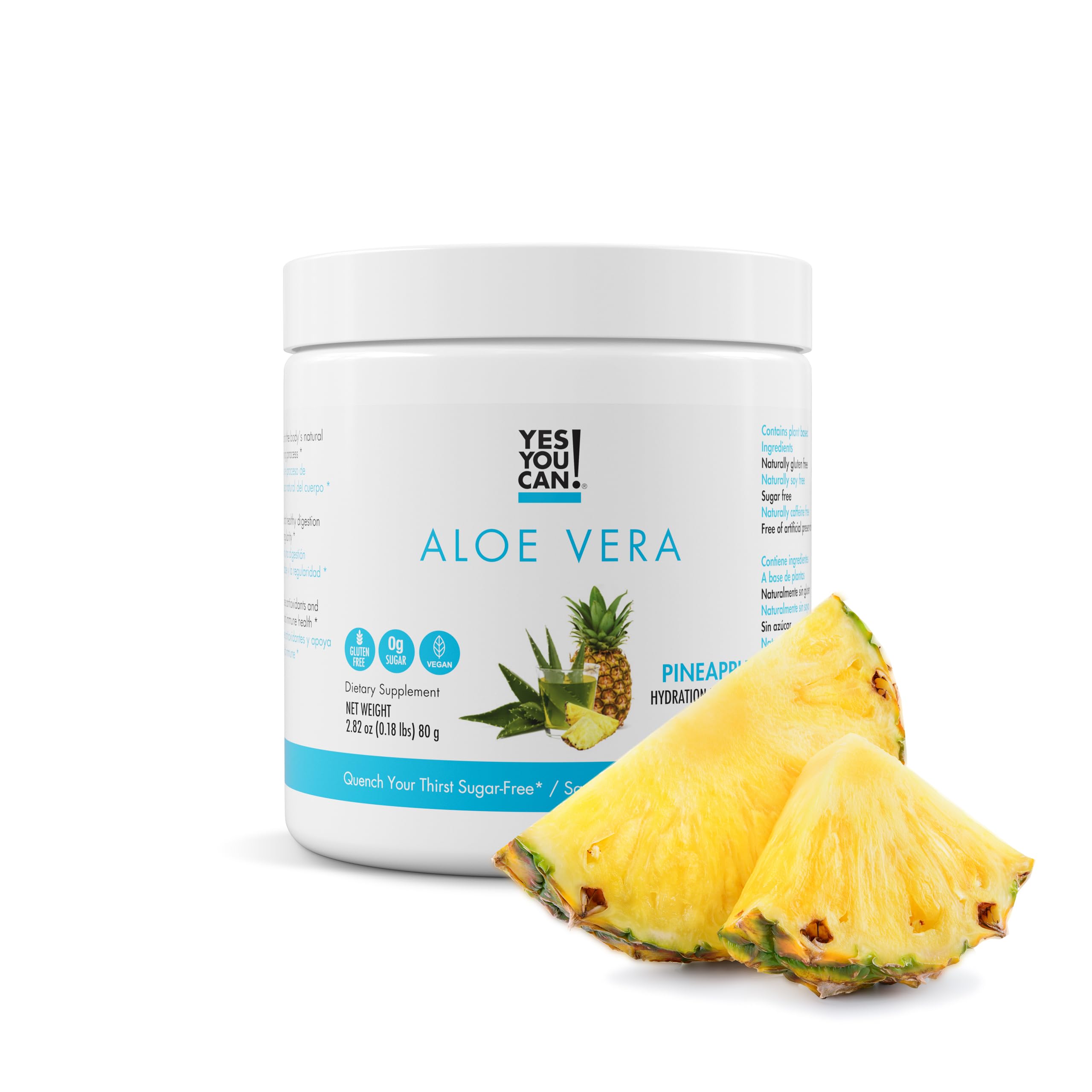 Yes You Can Aloe Vera powder drink mix bottle with pineapple flavor for daily hydration