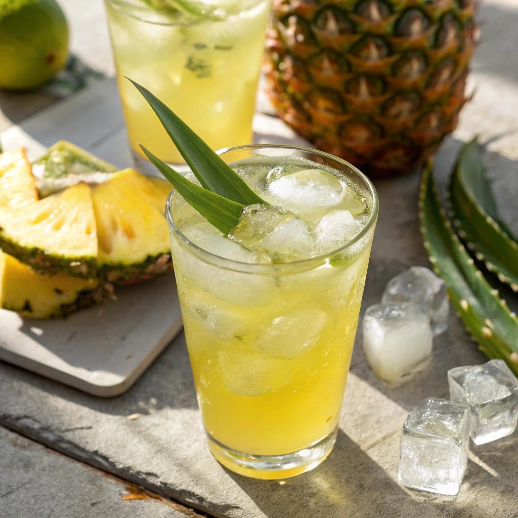 Yes You Can Aloe Vera powder drink mix in a glass with pineapple drink