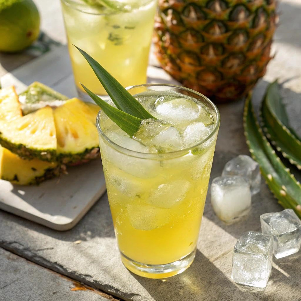Yes You Can Aloe Vera powder drink mix in a glass with pineapple drink
