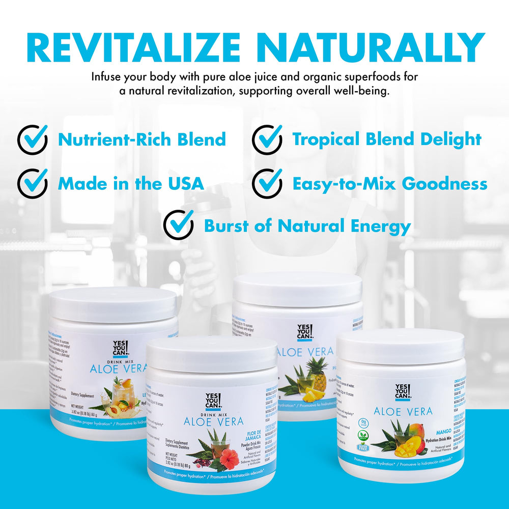 Yes You Can Aloe Vera powder with scoop beside canister for easy measuring