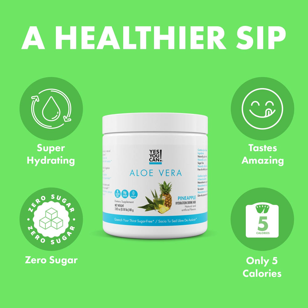 Yes You Can Aloe Vera powder drink mix scoop and tub for quick hydration