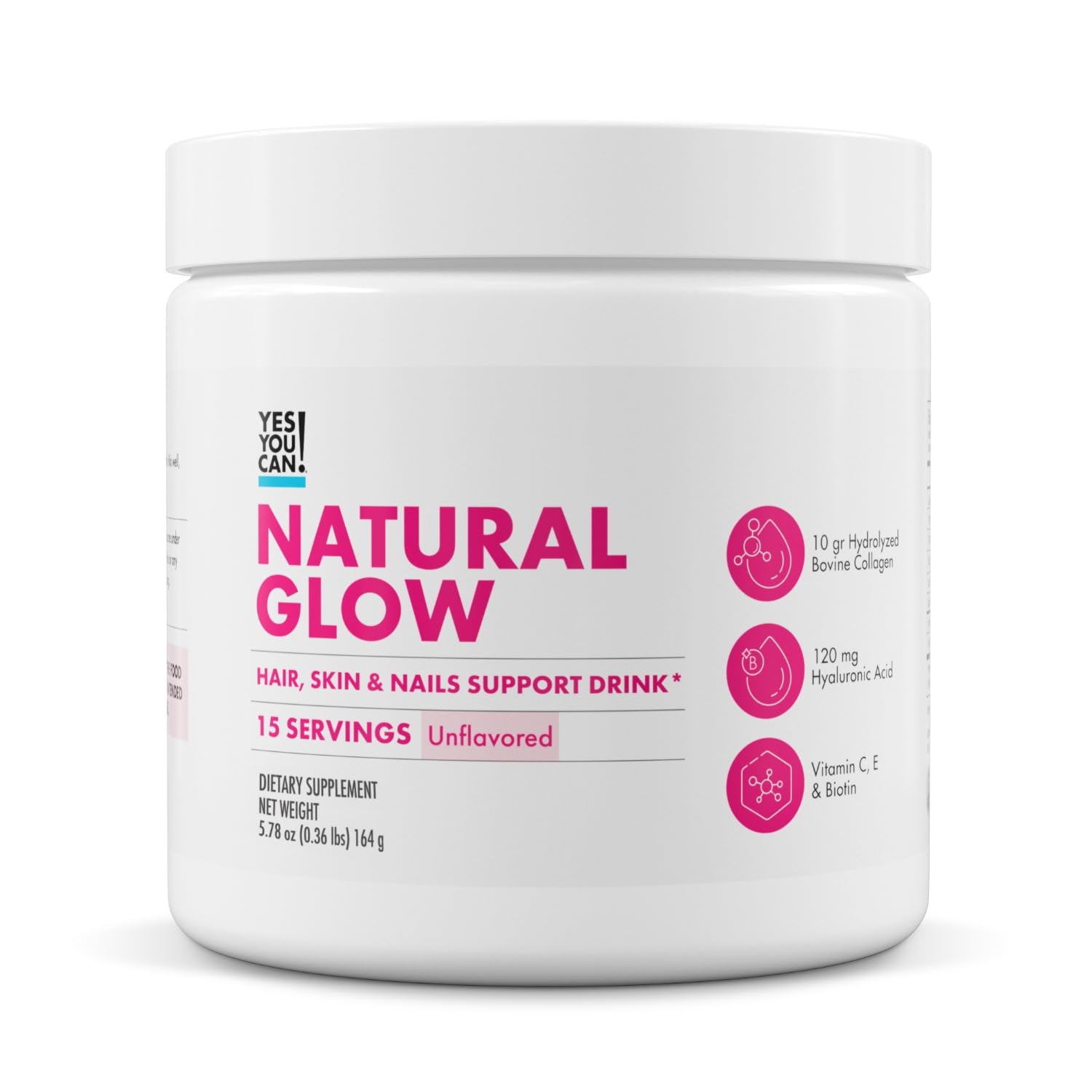 Yes You Can! Natural Glow collagen bottle promoting radiant skin, stronger hair, and healthier nails.