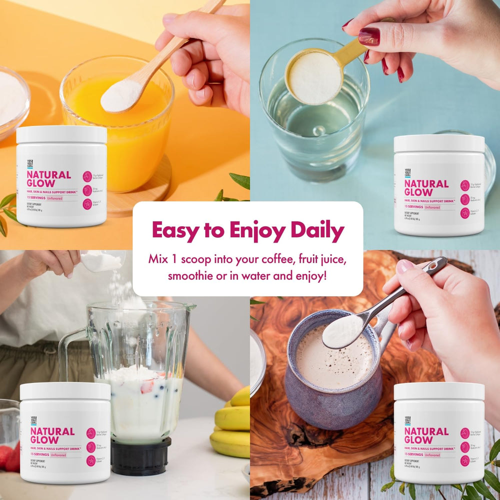 Healthy-looking glass with Yes You Can! Natural Glow smoothie.