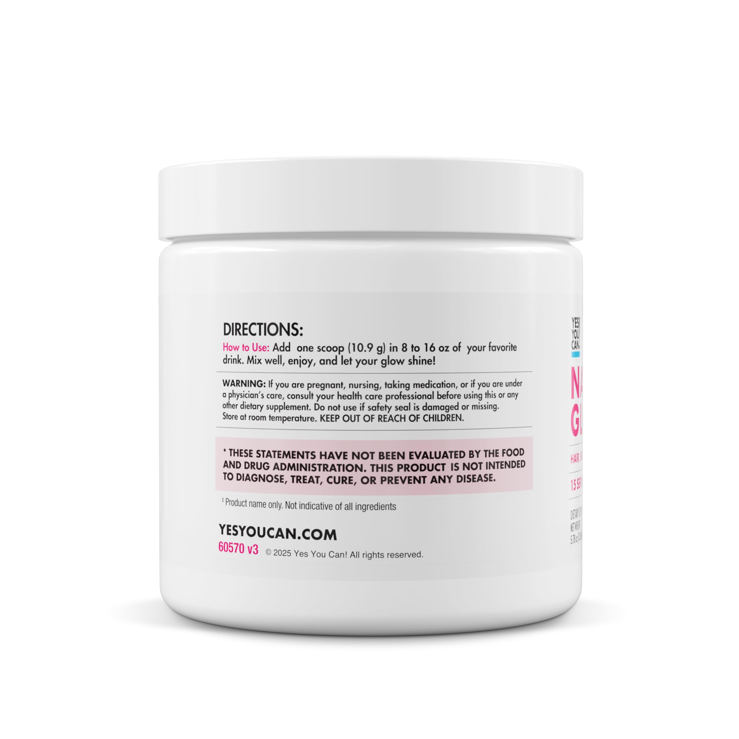 Key ingredients biotin, HA, and vitamins C & E in Yes You Can! Natural Glow.