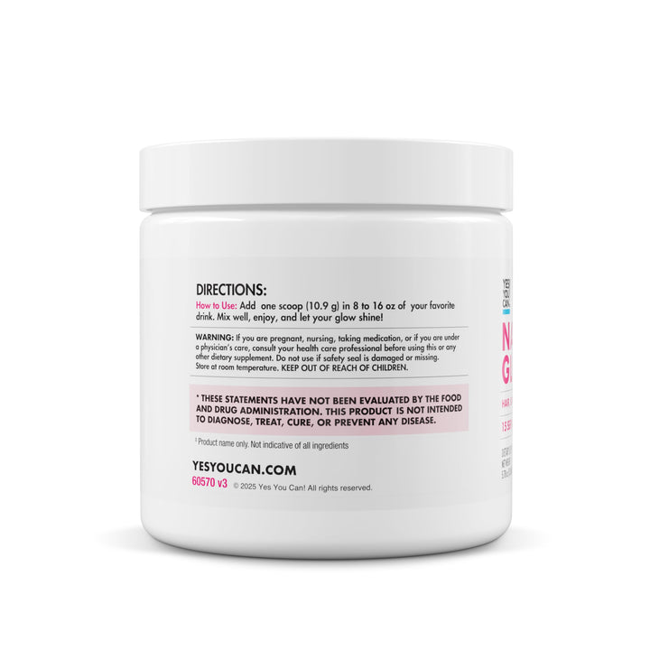 Key ingredients biotin, HA, and vitamins C & E in Yes You Can! Natural Glow.
