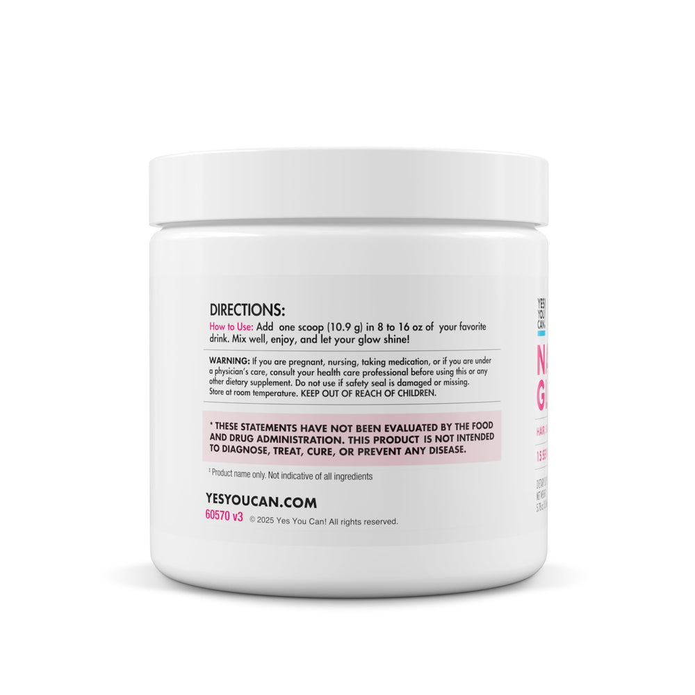 Key ingredients biotin, HA, and vitamins C & E in Yes You Can! Natural Glow.