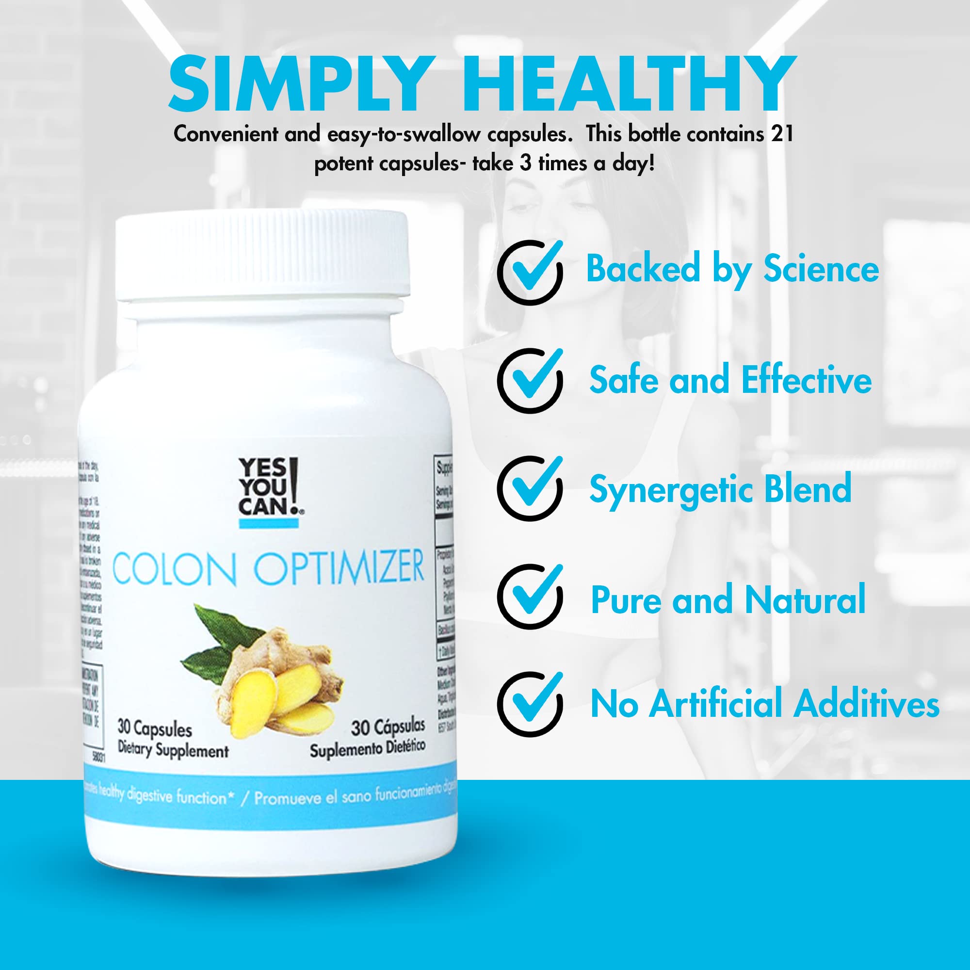 Yes You Can! Colon Optimizer label close-up showing ingredients for digestive health.