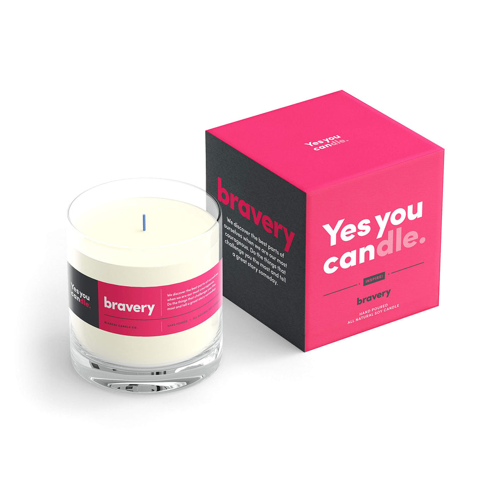 Yes You Candle Bravery Citrus Sage label close-up, uplifting fragrance cue for daily motivation